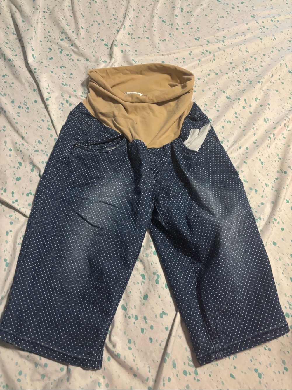 Motherhood Maternity Navy Polka Dot Maternity Capri Pants with Tan Foldover Band